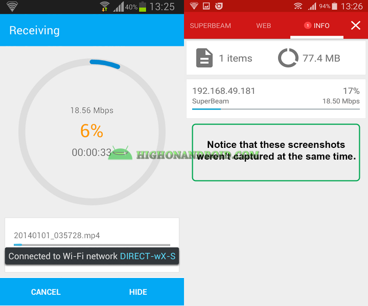 Transfer large files between two android devices with Superbeam 12
