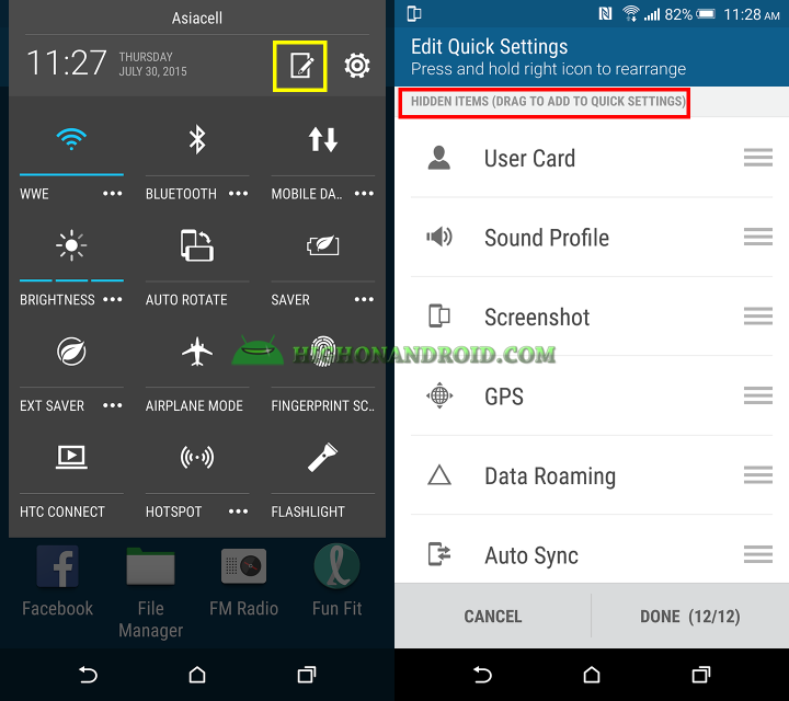 How To customize and change notification bar toggles on htc one m9 plus