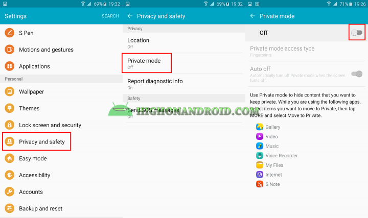 How To hide contents on galaxy note 5 using private mode