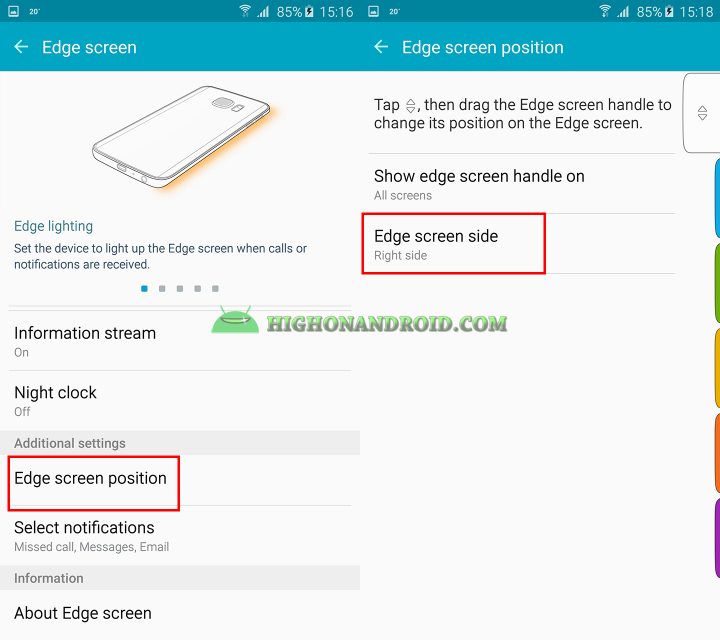 how to change edge screen position on galaxy s6 edge plus